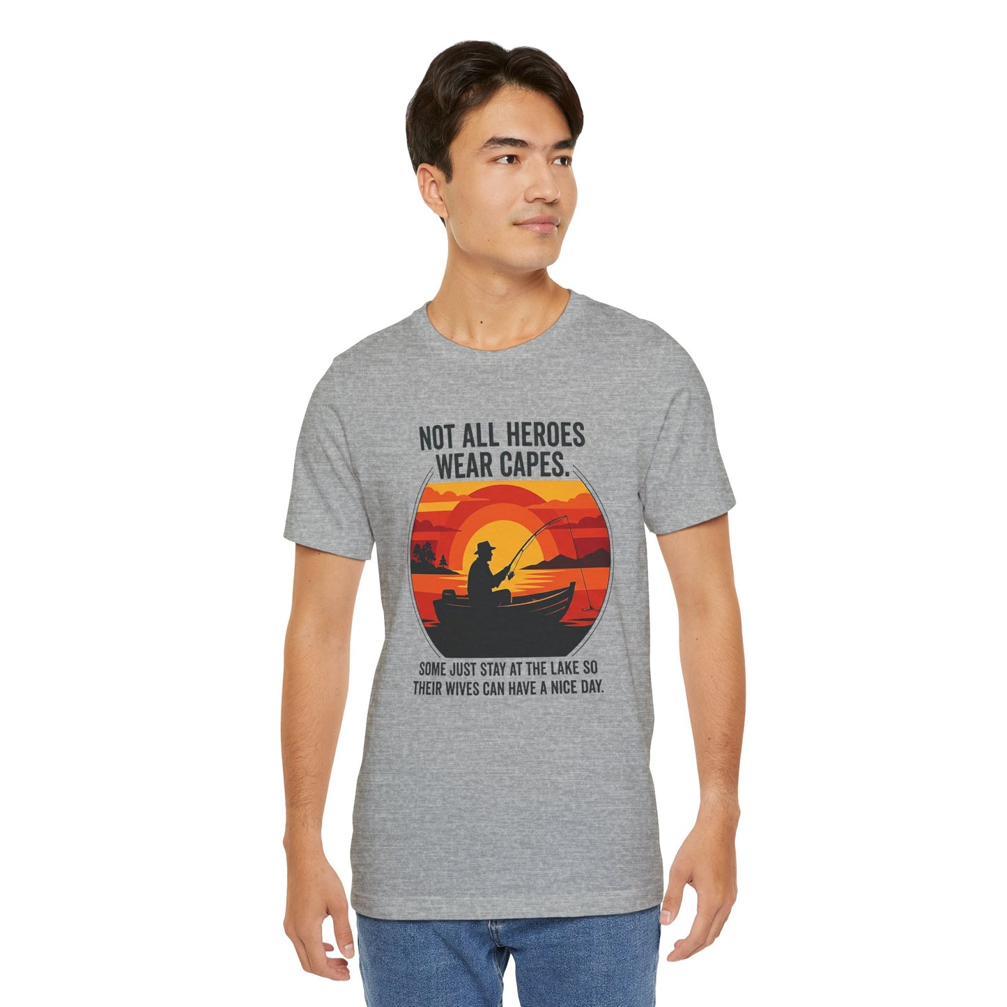 Fishing Dad T-Shirt – "Not All Heroes Wear Capes" Retro Lake Graphic Tee
