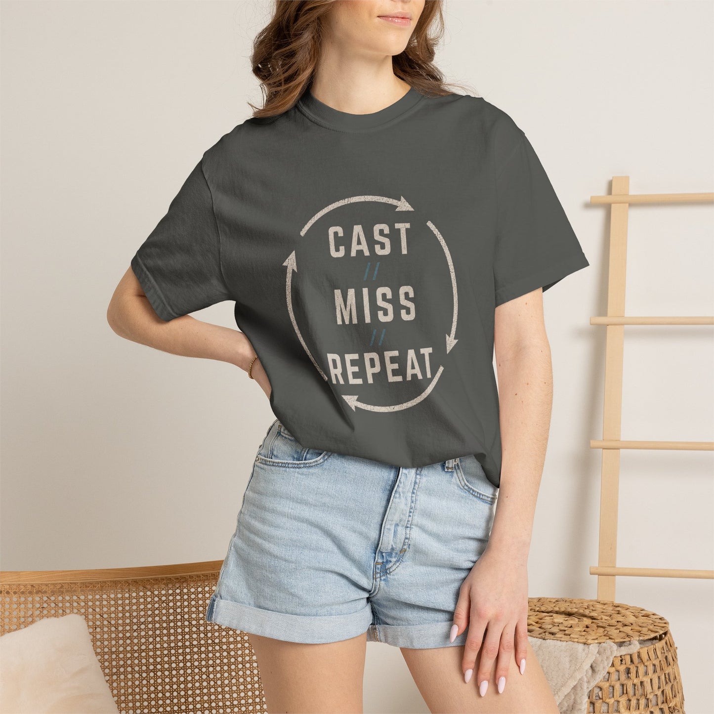 Fishing T-Shirt — "Cast Miss Repeat" Graphic Tee, Humorous Angler Shirt
