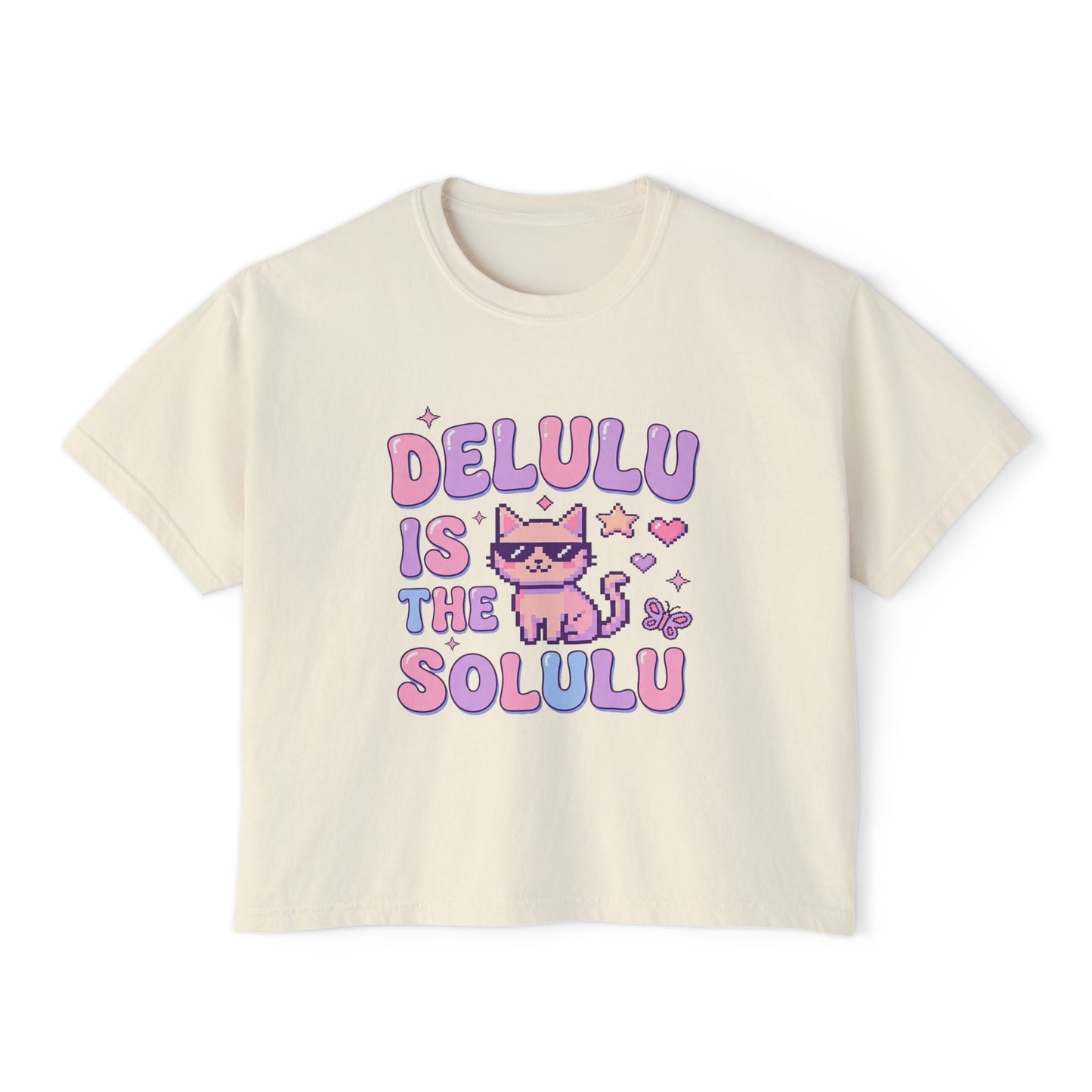 Boxy Tee — "Delulu Is The Solulu" Cute Cat Graphic Crop Top