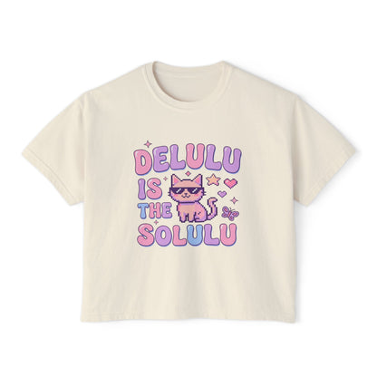 Boxy Tee — "Delulu Is The Solulu" Cute Cat Graphic Crop Top