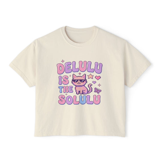 Boxy Tee — "Delulu Is The Solulu" Cute Cat Graphic Crop Top