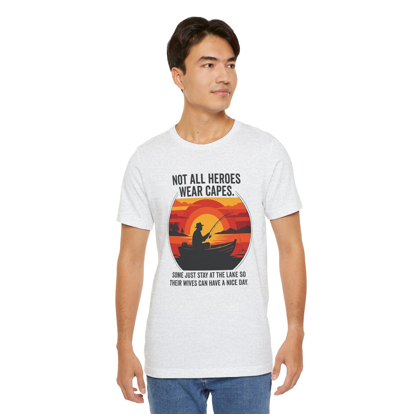 Fishing Dad T-Shirt – "Not All Heroes Wear Capes" Retro Lake Graphic Tee