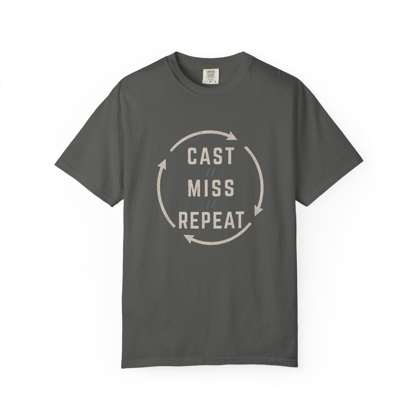 Fishing T-Shirt — "Cast Miss Repeat" Graphic Tee, Humorous Angler Shirt