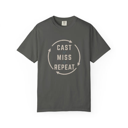 Fishing T-Shirt — "Cast Miss Repeat" Graphic Tee, Humorous Angler Shirt