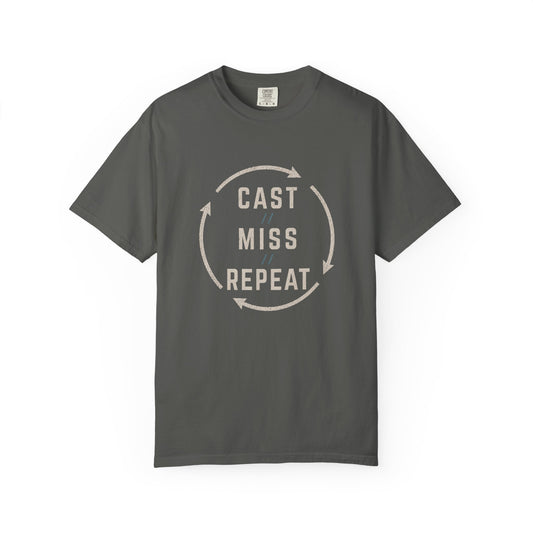 Fishing T-Shirt — "Cast Miss Repeat" Graphic Tee, Humorous Angler Shirt