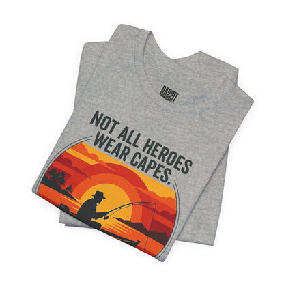 Fishing Dad T-Shirt – "Not All Heroes Wear Capes" Retro Lake Graphic Tee