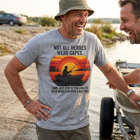 Fishing Dad T-Shirt – "Not All Heroes Wear Capes" Retro Lake Graphic Tee