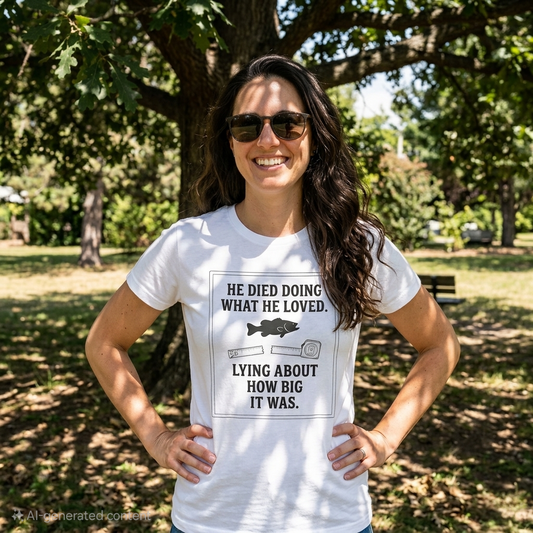 Fishing Humor Tee — "He Died Doing What He Loved" Women's Graphic Shirt
