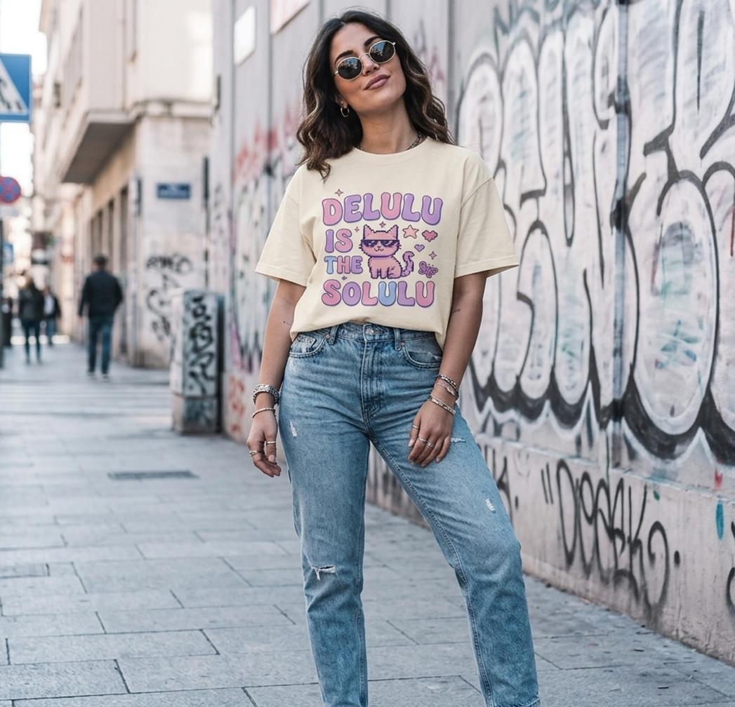 Boxy Tee — "Delulu Is The Solulu" Cute Cat Graphic Crop Top