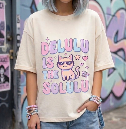Boxy Tee — "Delulu Is The Solulu" Cute Cat Graphic Crop Top