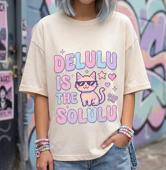 Boxy Tee — "Delulu Is The Solulu" Cute Cat Graphic Crop Top