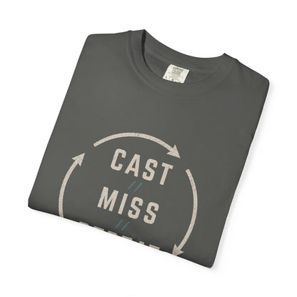 Fishing T-Shirt — "Cast Miss Repeat" Graphic Tee, Humorous Angler Shirt
