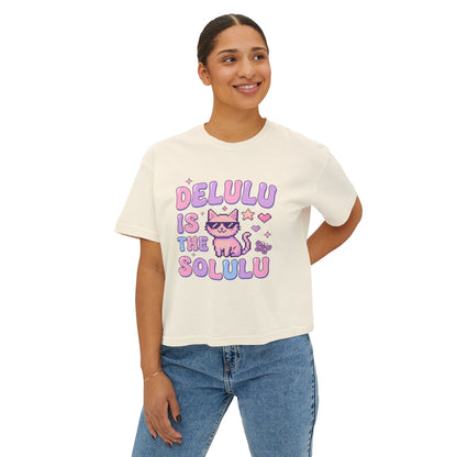 Boxy Tee — "Delulu Is The Solulu" Cute Cat Graphic Crop Top
