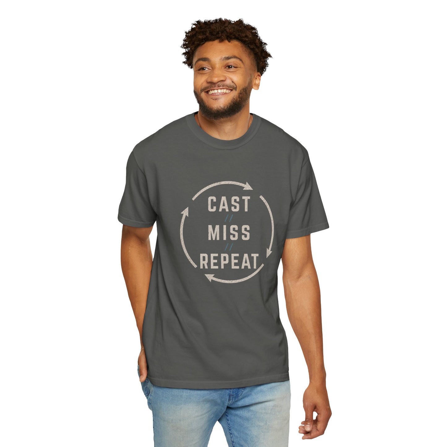 Fishing T-Shirt — "Cast Miss Repeat" Graphic Tee, Humorous Angler Shirt