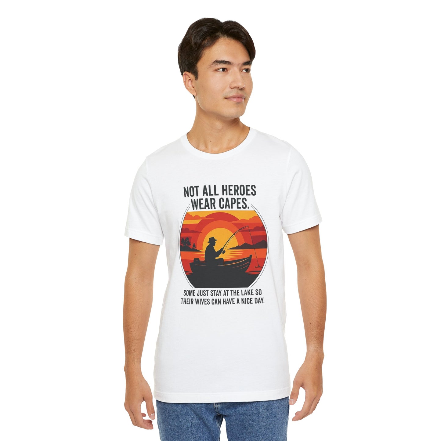 Fishing Dad T-Shirt – "Not All Heroes Wear Capes" Retro Lake Graphic Tee