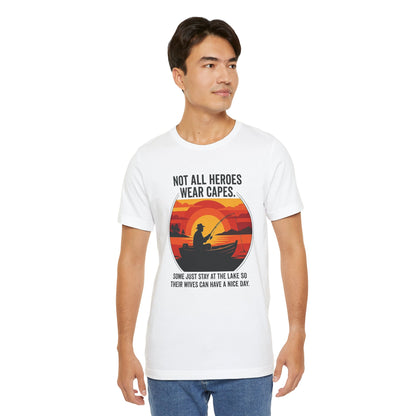 Fishing Dad T-Shirt – "Not All Heroes Wear Capes" Retro Lake Graphic Tee