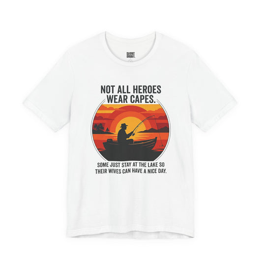 Fishing Dad T-Shirt – "Not All Heroes Wear Capes" Retro Lake Graphic Tee